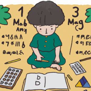 Make an illustration depicting a small child actively learning to read, write and count, Ghibli styled